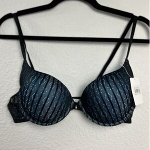 Hers by Herman Black Turquoise Striped Lace Push Up Bra 38B NWT B2103BLU